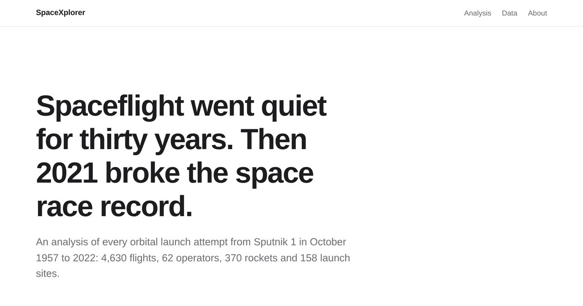 The SpaceXplorer site, headed: spaceflight went quiet for thirty years, then 2021 broke the space race record, above a summary of every orbital launch attempt from 1957 to 2022.